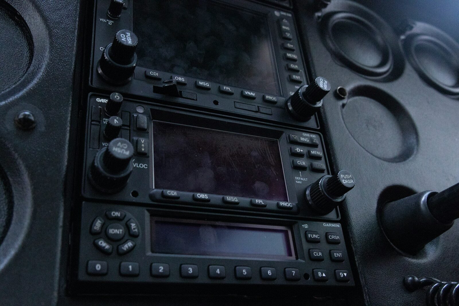 Close-up of an airplane cockpit control panel